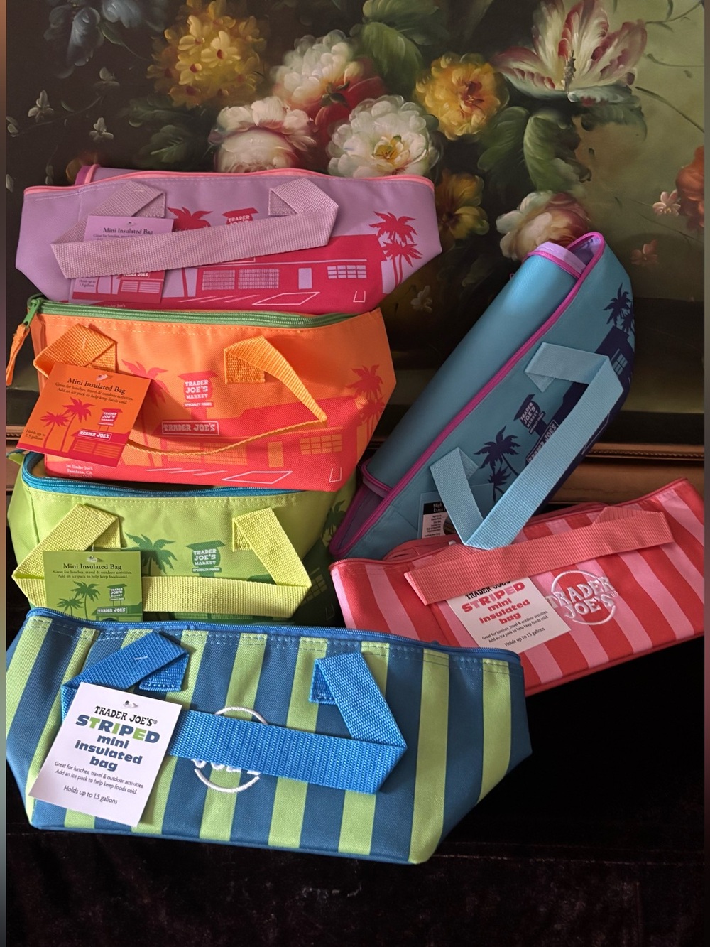 NWT Trader Joe’s 6 Mini Insulated Lunch Cooler Tote Bag Set of Six Pink and more